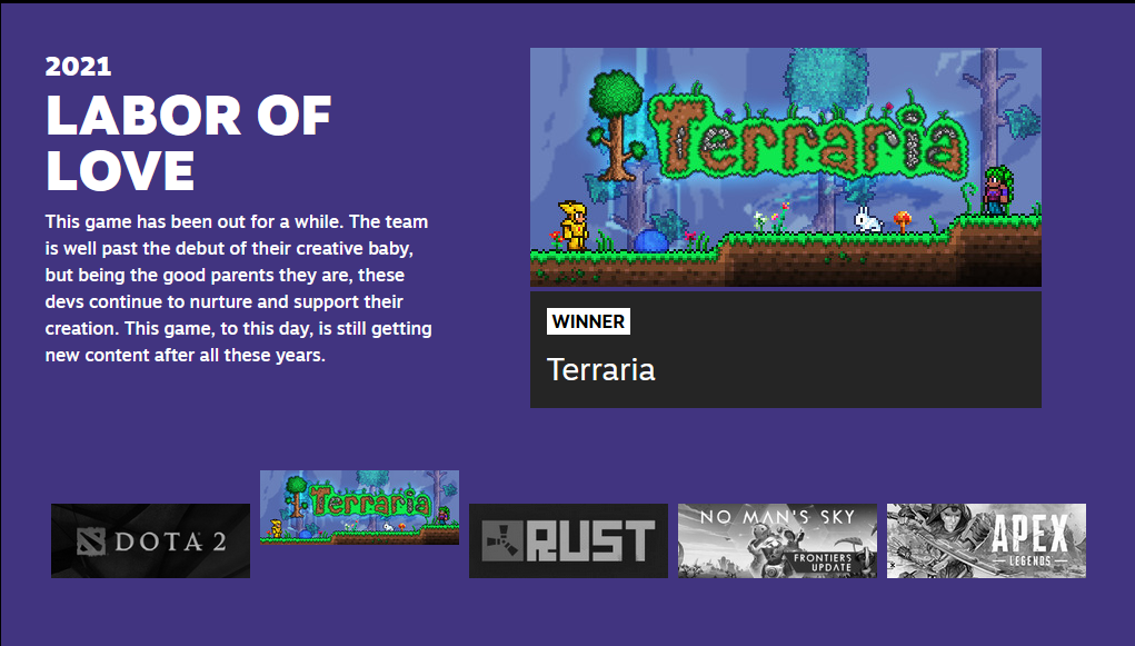 Terraria - Terraria Wins the 2021 Labor of Love Steam Award! - Steam News