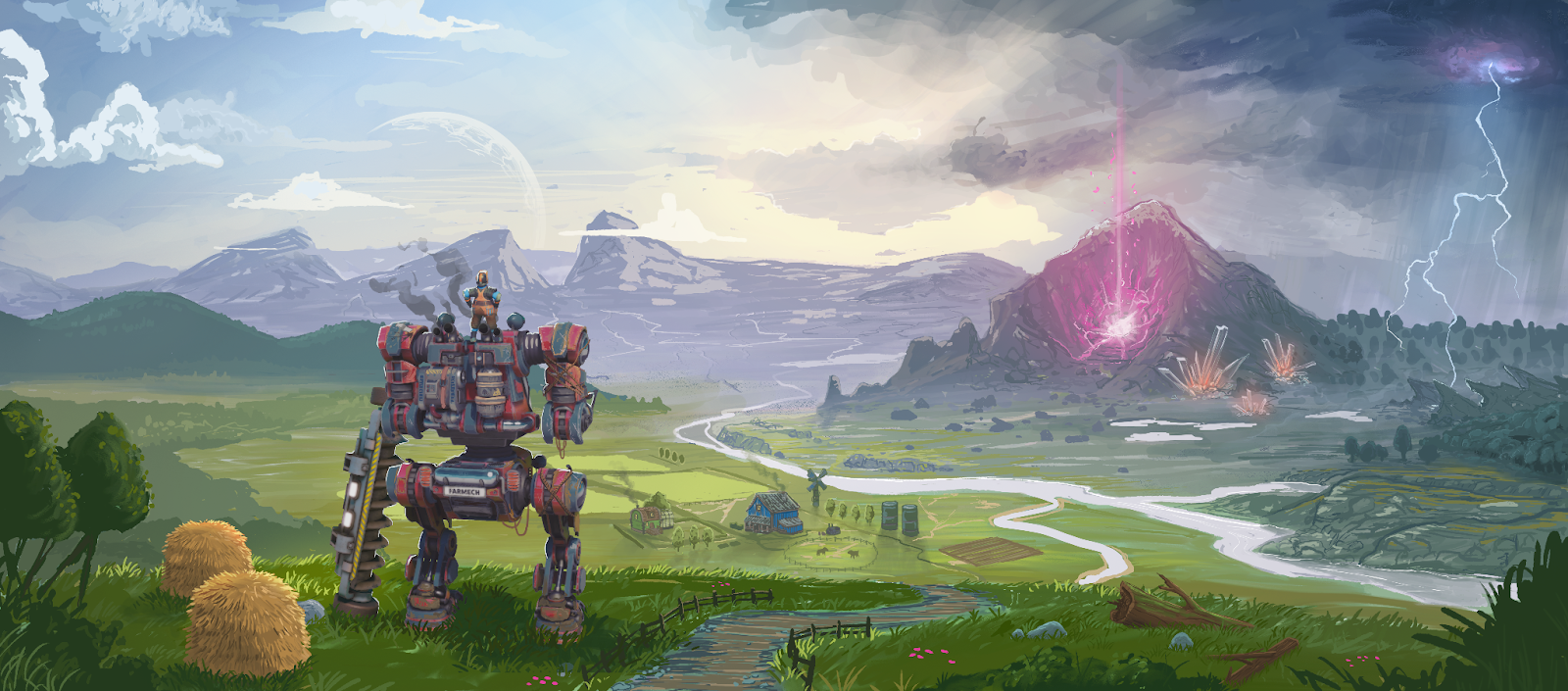 a concept art of a larger open world in the farming game Lightyear Frontier. The image shows an exofarmer standing on top of its farming mech looking out on a large vast world with different weather and a farm seen in the distance