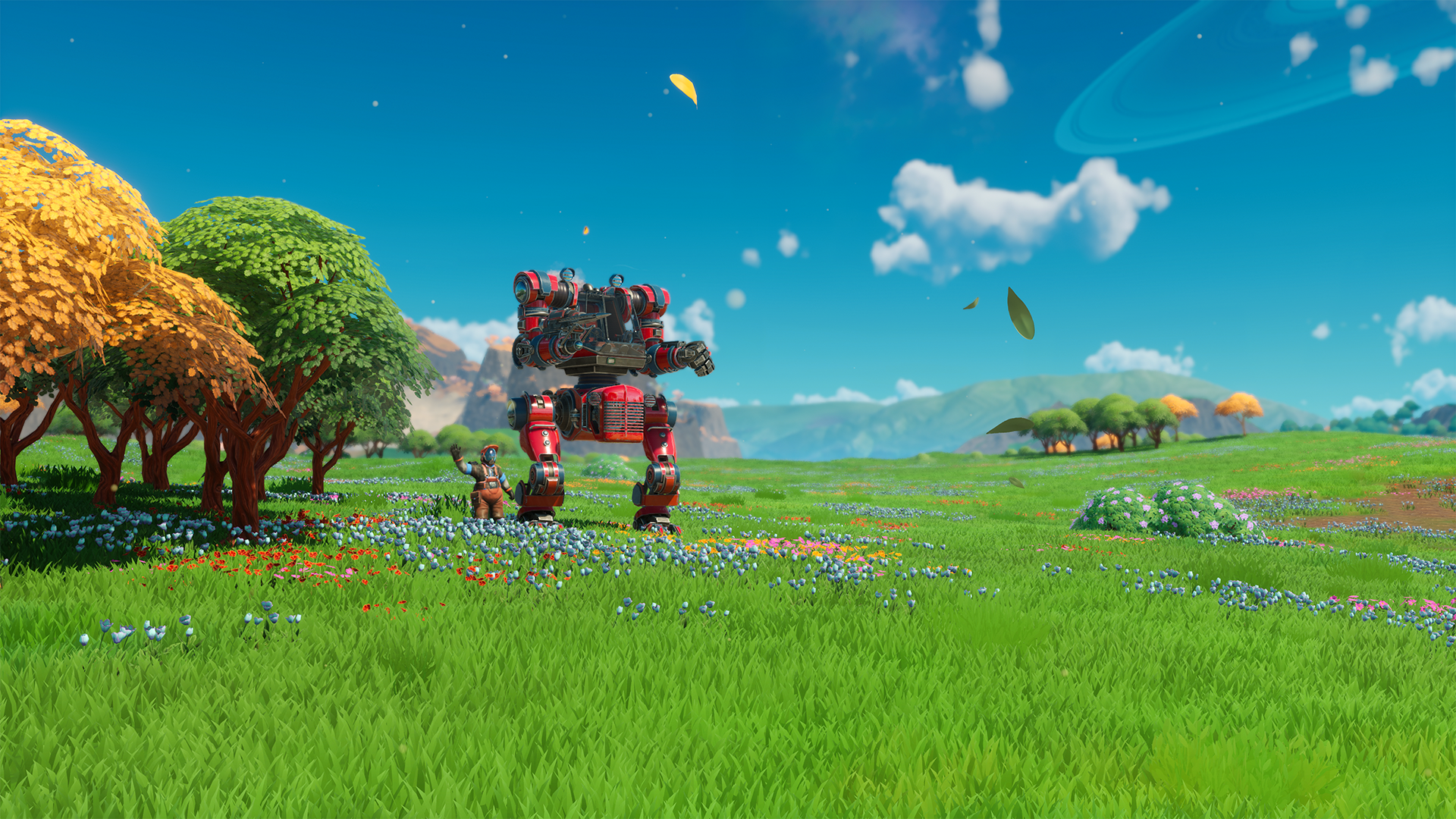 a screenshot of lightyear frontier showing an exofarmer and a farmmech in a large open world.