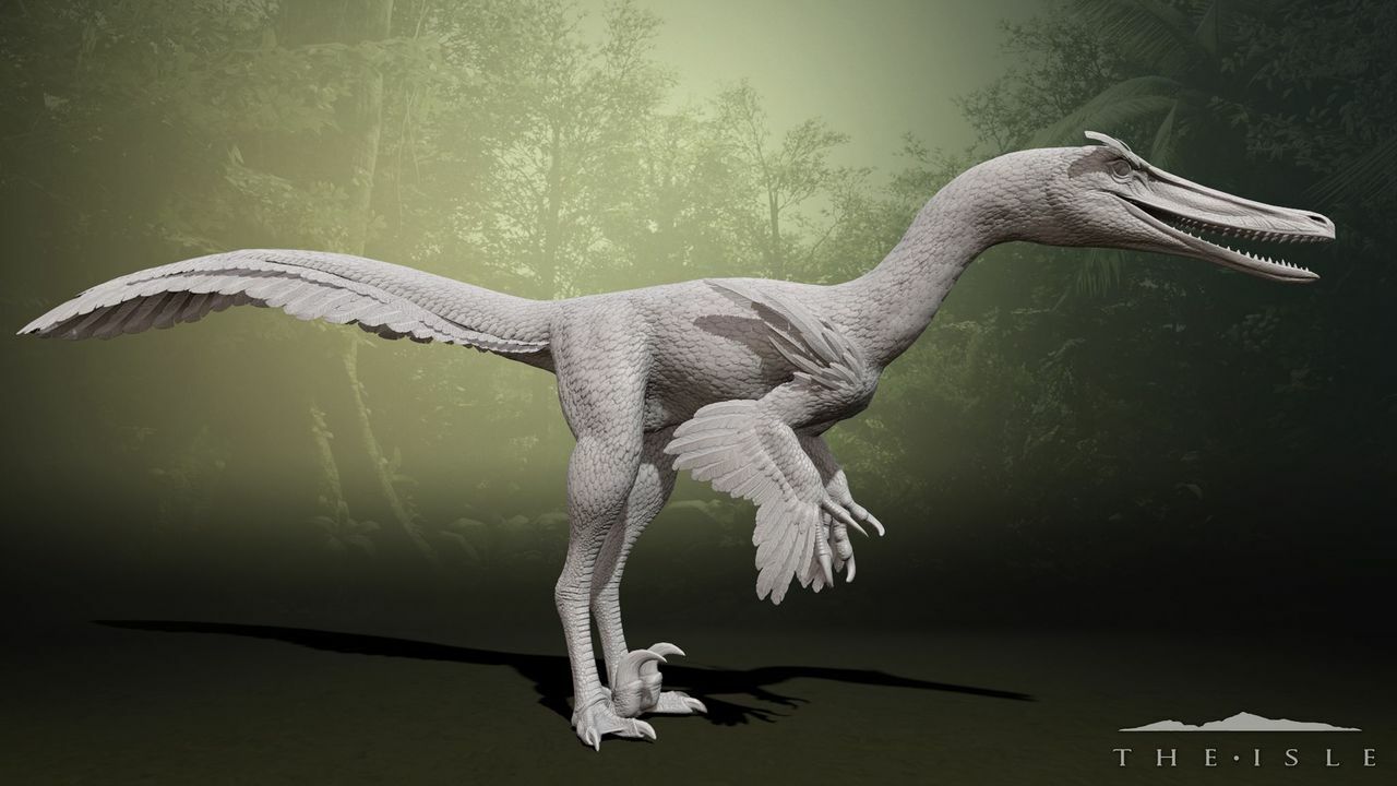 The tiny Compsognathus dinosaur is on the run - 3d render, special shaders  were used to create