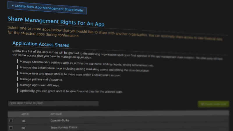 Steam :: Steamworks Development :: Share Application Management Access